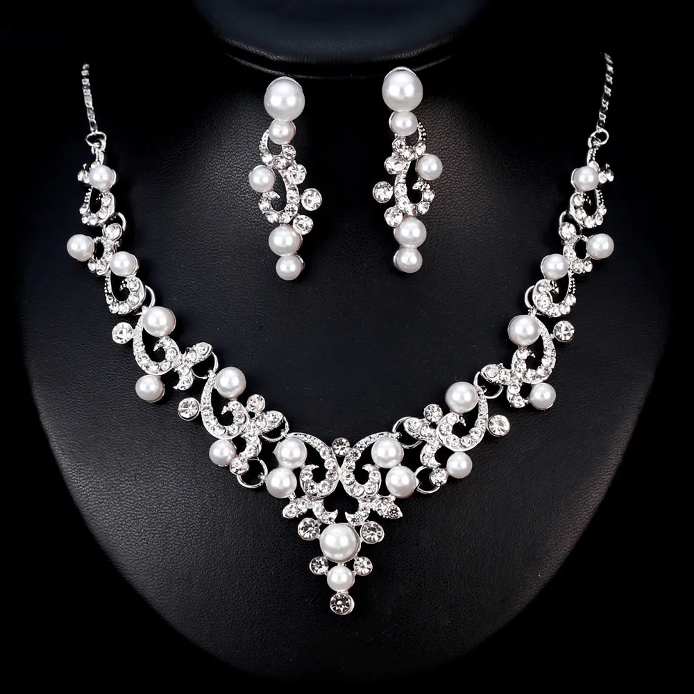 

Alloy Rhinestone Pearl Necklace Earrings pendants Set Wedding Jewelry Gift