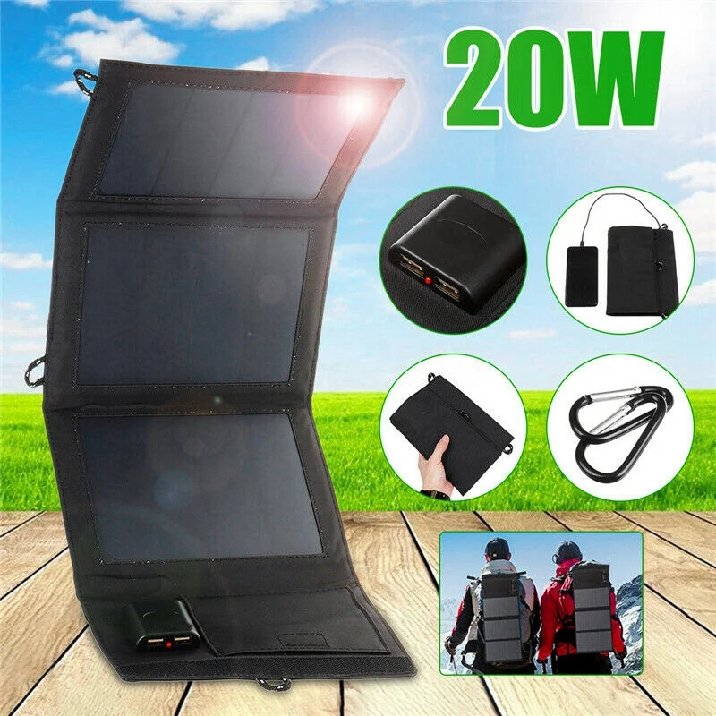 20W Dual Usb Solar Panel Foldable Power Bank Panel Camping Hiking Phone Charger