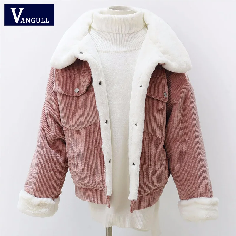 Women Faux Fur Coat Warm Corduroy Lined Long Sleeve Jacket Outwear Parka Casual