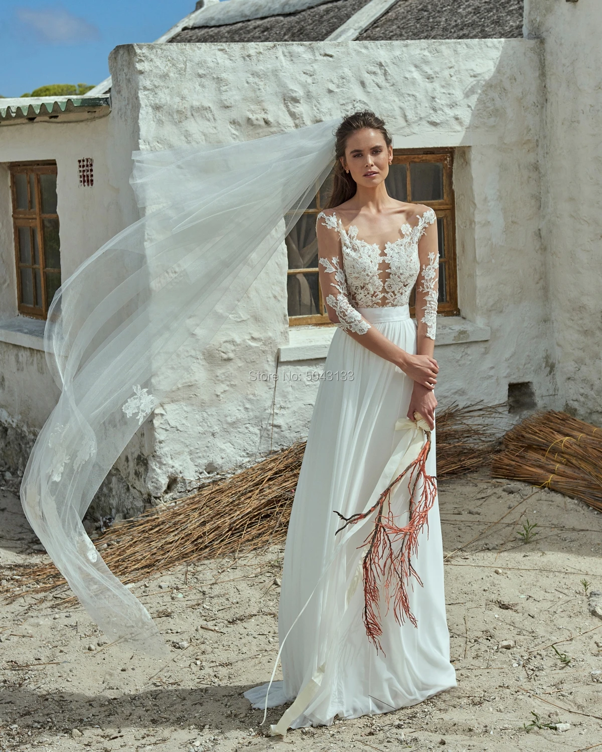 Boho свадебный наряд Кружева Аппликации Совок шеи с длинными рукавами Свадебные платья, платья невесты пляж шифон Vestidos Noiva F73