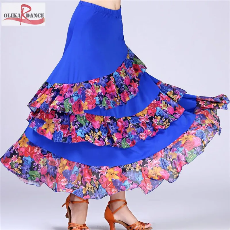 Бальные, фламенко, танцевальный костюм для вальса, длинная юбка, большое платье с цветочным рисунком - Цвет: Синий