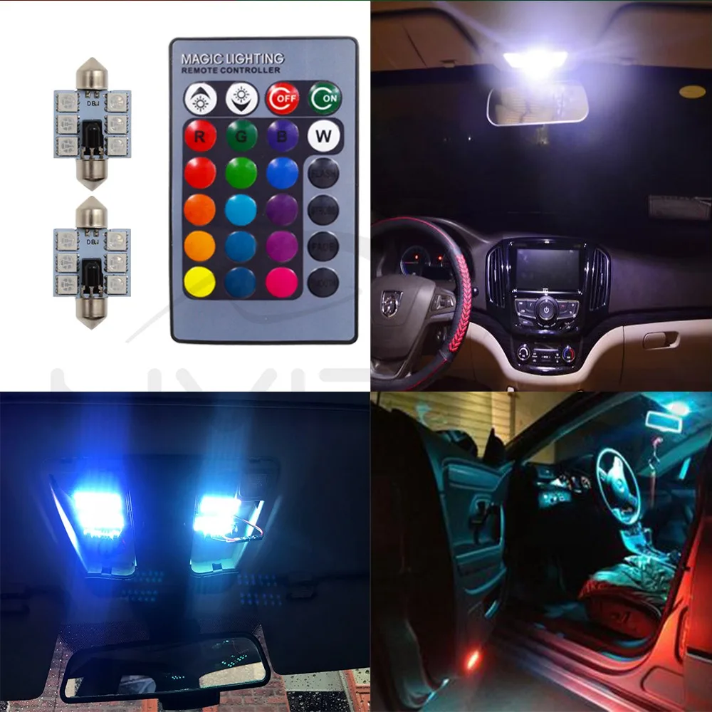 2 шт. RGB DC 12 В c5w 36 мм 5050 6SMD гирлянда плафон автомобилей светодио дный мобильный Дистанционное управление крыше автомобиля газовые лампы