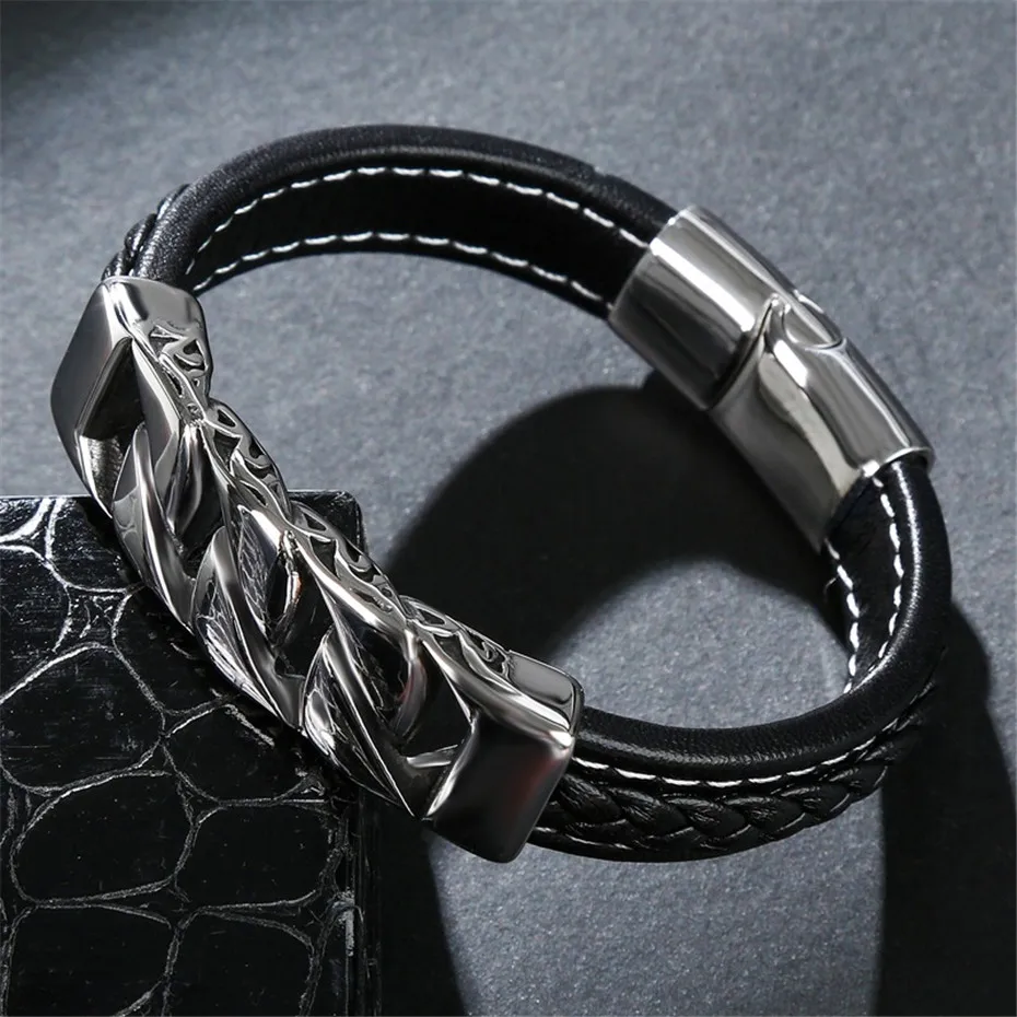 

GHZTYF Fashion Men's Genuine Leather Bracelet For Men Stainless Steel Punk Bracelets Bangles