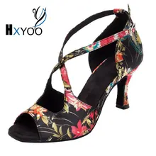 HXYOO Latin Dance Shoes Woman Salsa Black Ballroom Shoes Ladies Satin Soft Sole Red Flower WK016