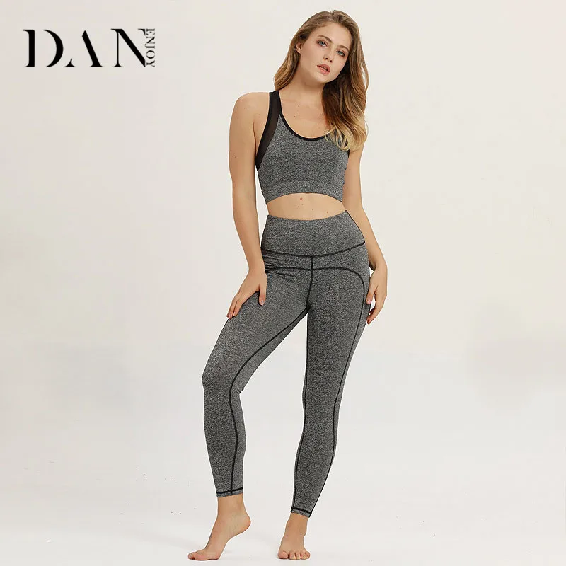 DANENJOY Female Sports Suit Fitness Clothing 2 Pieces Grey Yoga Set Stitching Bra Tops And Running Leggings Training Tracksuit | Спорт и