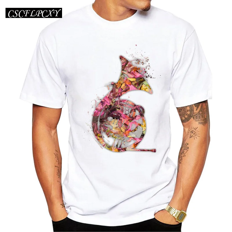 

2018 New Arrivals French horn Men T Shirt Floral Horn Printed t-shirt Short Sleeve Casual Basic Tops Cool Tee Tops Shirts1