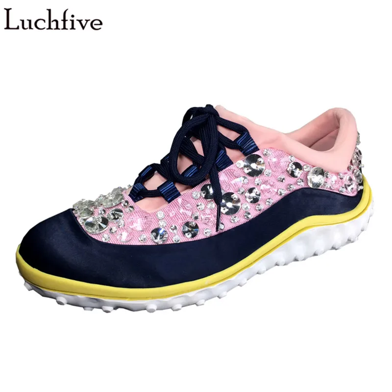 

Luchfive Spring Best Selling Lady Casual Shoes Women Bling Crystal Studded Lace-Up Round Toe Rhinestone Flat Sneakers