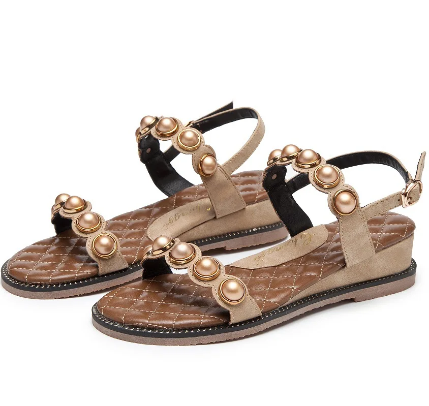 

2019 summer new fashion simple sandals women comfortable wild pearl decorative buckle casual shoes