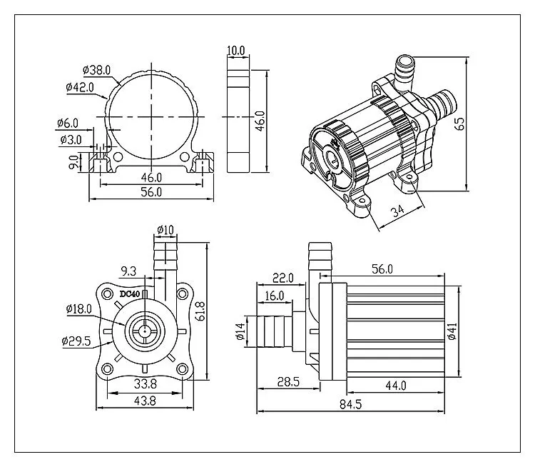 Dimensions of brushless DC pump