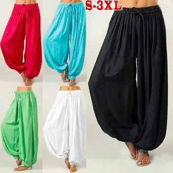 

Women Casual Cotton Dance Hippie Indian Aladdin Loose Wide Leg Gym Long Harem Trousers Slacks Bloomers