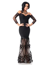 Night Club Cocktail Formal autumn long sleeves slash neck Party dress Black Off Shoulder Embroidered Tulle Mermaid Gown 60939
