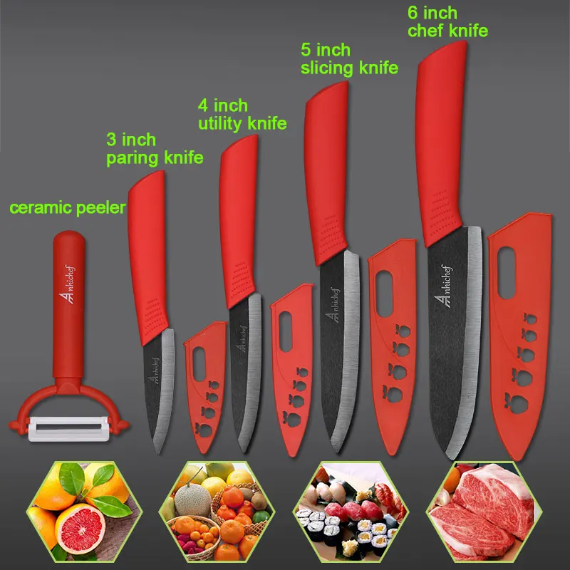 Кухонный нож, керамический нож, набор для приготовления пищи " 4" " 6" дюймов+ Овощечистка, черное лезвие, нож для очистки овощей и фруктов, нож для шеф-повара, кухонные инструменты - Цвет: 4 Red Knife Set