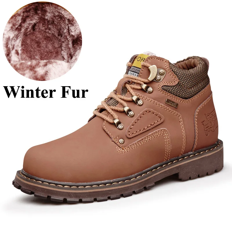 Г. Зимняя обувь мужские рабочие ботинки с мехом размера плюс 47, Теплые ботильоны мужская обувь из спилка на шнуровке модные зимние ботинки Нескользящие - Цвет: Light Brown Fur