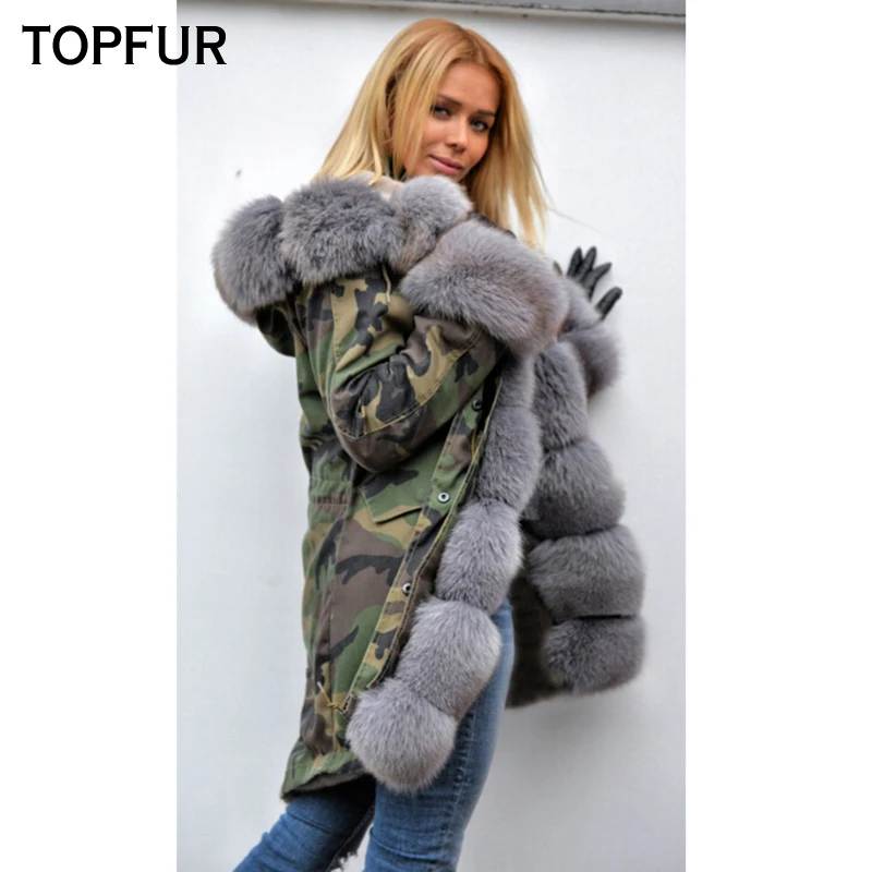 TOPFUR 2018 Winter Parka Women Real Fur Fluffy Natural Fox Fur Collar And Cuff Luxury Fashion New Thick Warm Real Fur Parkas