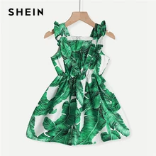 SHEIN детское зеленое платье с тропическим принтом на молнии сзади для маленьких девочек, летнее повседневное короткое платье без рукавов с оборкой трапециевидной формы для детей