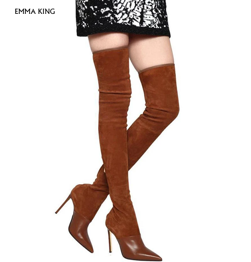 

Ladies Shoes Black Suede Over the Knee Boots Pointed Toe Botas Mujer2019 Stiletto Patchwork Stretch Heels Thigh High Shoes Woman