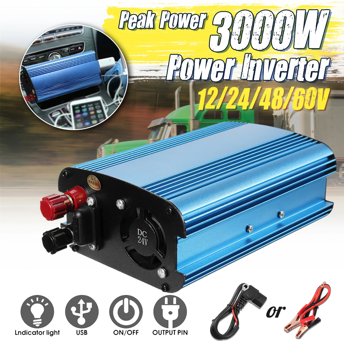 

Autoleader 3000W Peak Power Car Power Inverter Charger Sine Wave DC 12V/24V/48V/60V To AC 220V Inverter Voltage Converter