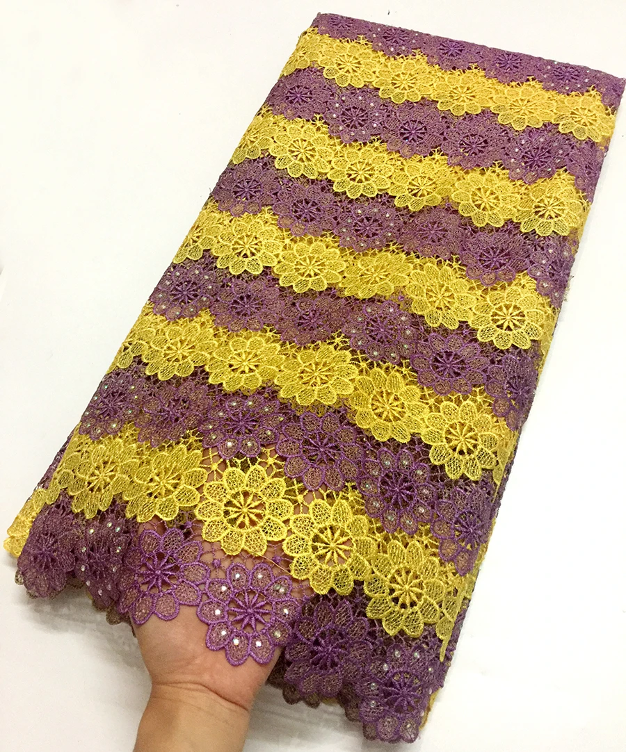 

Fashion Double color water soluble Lace Fabric High Quality Purple and Yellow African Guipure Lace Fabric For Party Dress