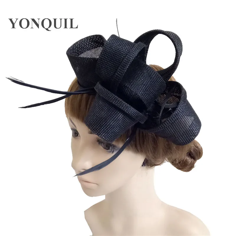 

British Royal Lady imitation sinamay Top Hat Classic White Black Feather Fascinator Clip Wedding Party Women Hair Accessories