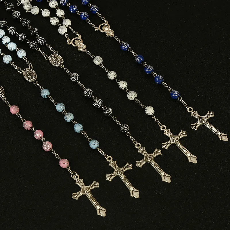 Classic 8MM Spiral Plastic Rosary Necklace, Santa Maria Prayer Necklace, Christian Cross Necklace Religious Jewelry