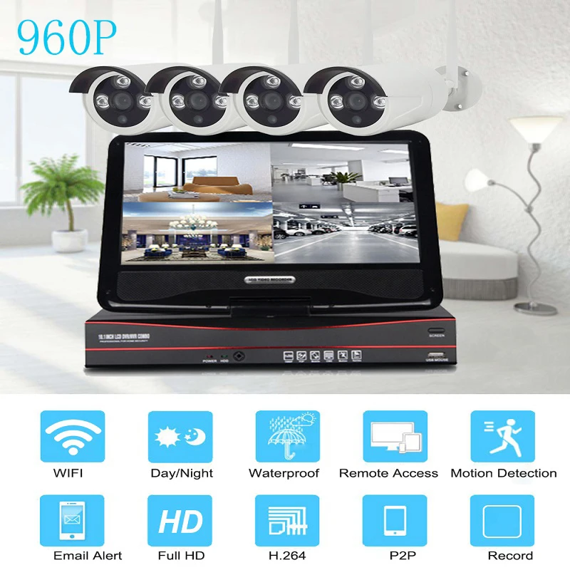 

IMPORX 4CH 960P VideCam Wireless NVR Kit With 10"LCD P2P IR-CUT Outdoor Wifi IP CCTV Cameras HD 1.0MP security camera system Kit