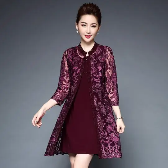 

Clobee 2017 Winter Women Lace Midi Two Piece Dresses Floral Vestidos Middle-Aged Oversized Big Size Dress For Wedding Party JC43