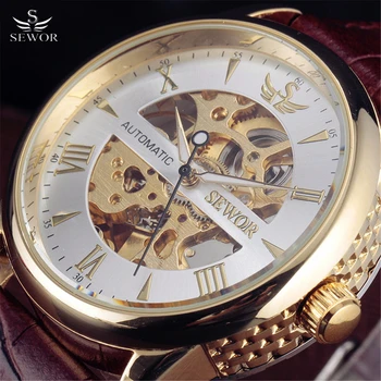 

2016 Top SEWOR Luxury Clock Men Die-Casting Gold Case Skeleton Watch Leather Strap Men's Dress Automatic Mechanical Wristwatches