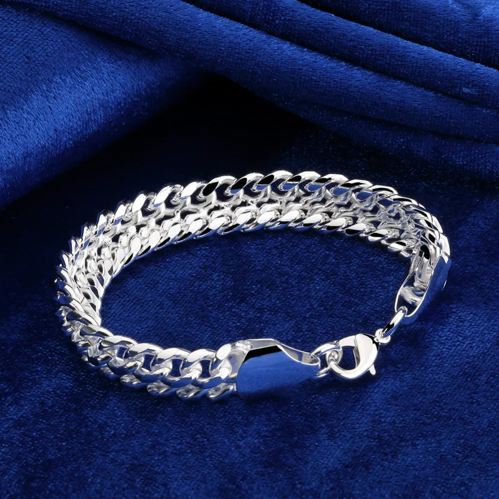 

7MM 925 Solid Sterling Silver Bracelet & Banlge for men Double Link Chain Bracelets Fashion Jewelry Men's Original Jewelry Gifts