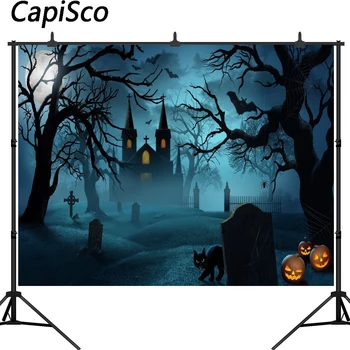 

Capisco photography background Castle Moon Bats Cat Tombstone Tree Halloween theme backdrop photo studio camera fotografica
