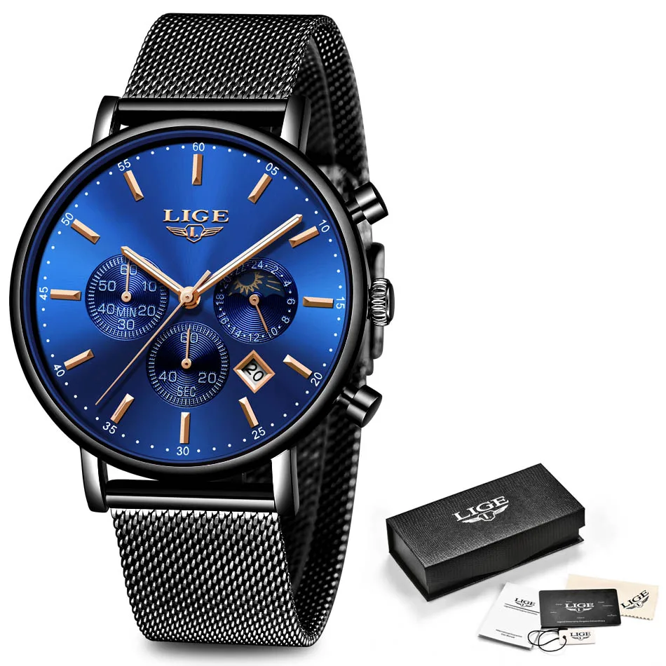 LIGE, модные мужские часы, Лидирующий бренд, Роскошные Кварцевые часы, мужские повседневные тонкие сетчатые стальные водонепроницаемые спортивные часы, мужские часы+ коробка - Цвет: Blakc Rose Blue