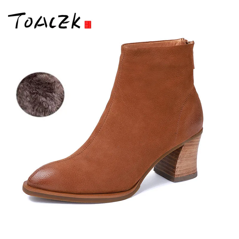 

Chunky heel short boots autumn new leather toe Martin Boots European station winter big size add fluff bare boots