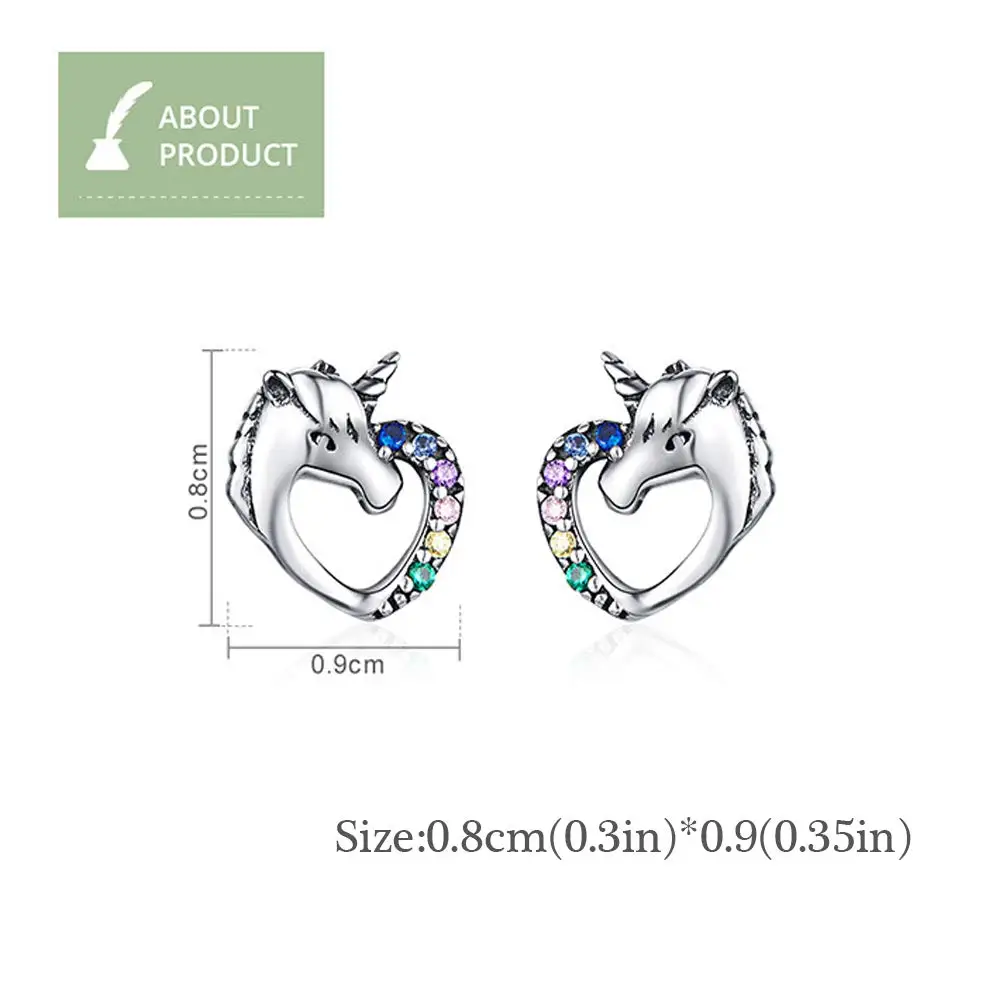 Серьги в виде единорогов для девочек, в форме сердца, серебро 925 пробы, Радужный Фианит, сережки-гвоздики, подарок для нее, женщины, девушки