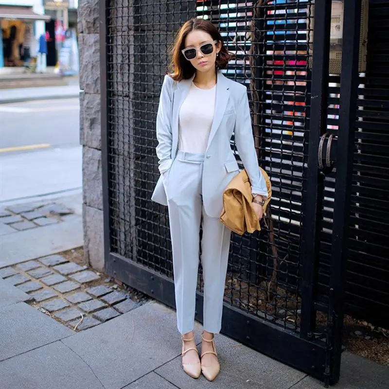 2018 Spring Women Suit Sets Elegant Casual Long Sleeve Leisure Soild Color Suit Jacket Harlan Pants Light Blue Twinset