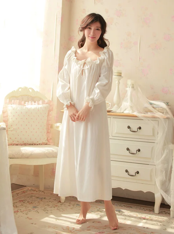 Free Shipping 100% Cotton Princess Nightdress Long White Pijamas Women ...