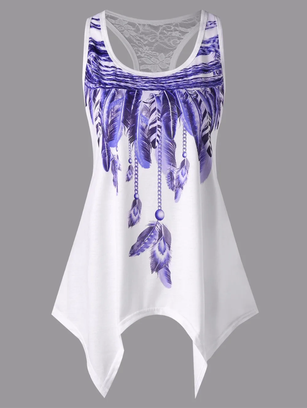 VESTLINDA Feather Print Lace Insert Handkerchief Tank Top Women Clothing Racerback Tank Top Summer 2018 Swing Tunic Tank Tops 11