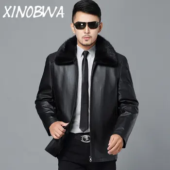 

Man Winter Mink Coat Mens Winter 100%Genuine Leather Rabbit Fur Collar Thick War Jackets Male Golden Mink Liner Fur Coat Outwear