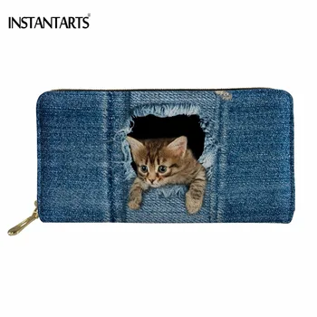 

INSTANTARTS Funny 3D Fake Blue Denim Cat/Kitten Print Woman Men Long PU Leather Purse Luxury Brand Female Wallet Big Card Holder