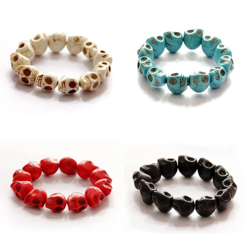 

10pcs Vintage Natural Stone Skull Bracelets Lava stone beads Bangles Women Men White Blue Beaded Skull Bracelets Fashion jewelry