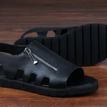 Босоножки из натуральной кожи мужские летние туфли черного цвета на молнии; удобные женские повседневные сандалии, ремешок на щиколотке для Для мужчин Классика мужская пляжная обувь
