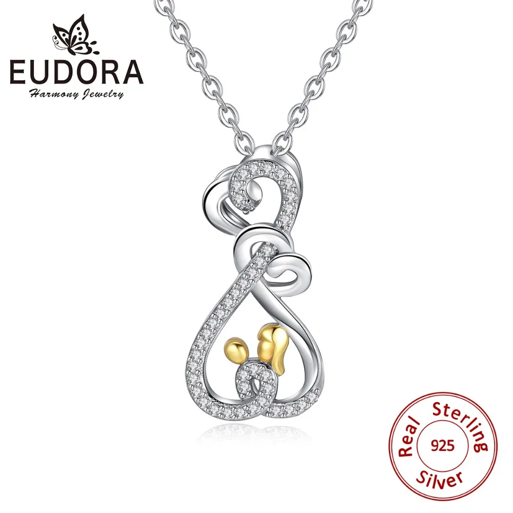 

EUDORA 925 Sterling Silver Baby Mother Pendant Necklace for Women Mom Hug Child Heart Love Necklace Minimalist Jewelry CYD299