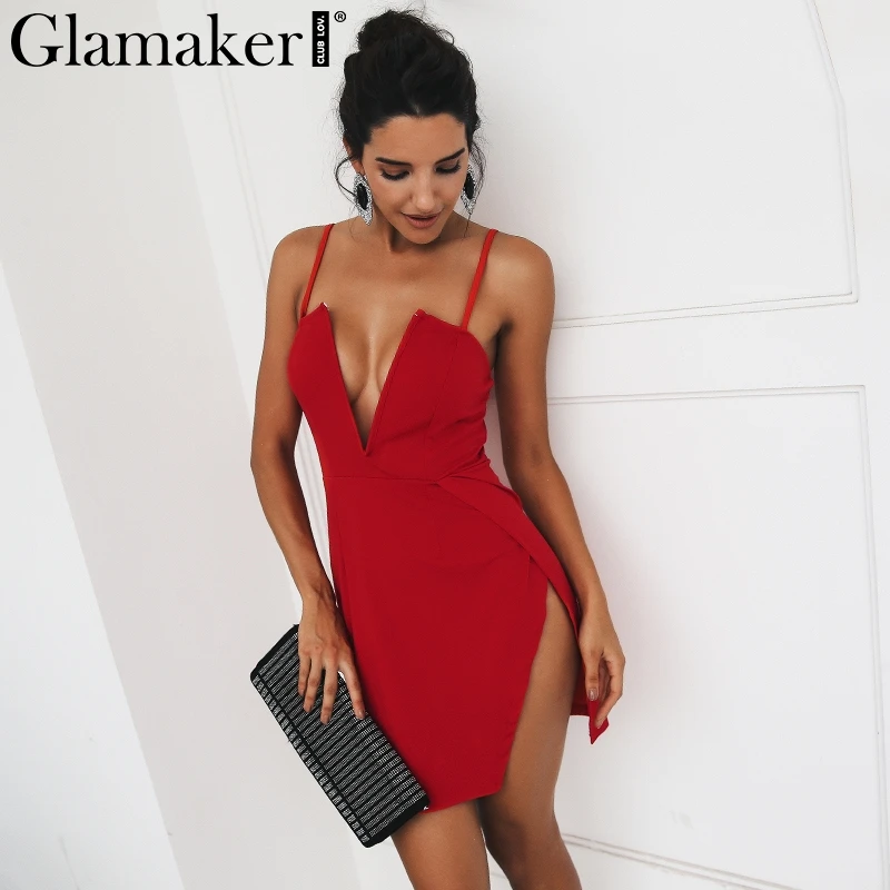 

Glamaker Strap deep v neck white sexy dress Women side split mini club party dress vestidos Female red holiday summer dress 2018