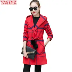 YAGENZ Для женщин шерстяная куртка длинная куртка с секциями Новый осень-зима женская одежда решетки пальто с капюшоном Для женщин мода