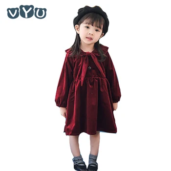 

Kids Girls Long Sleeved Elegant Velvet Pleated Dress With Bow 2018 Autumn Winter Thicken Vintage Princess Christmas Dress 1~6Y