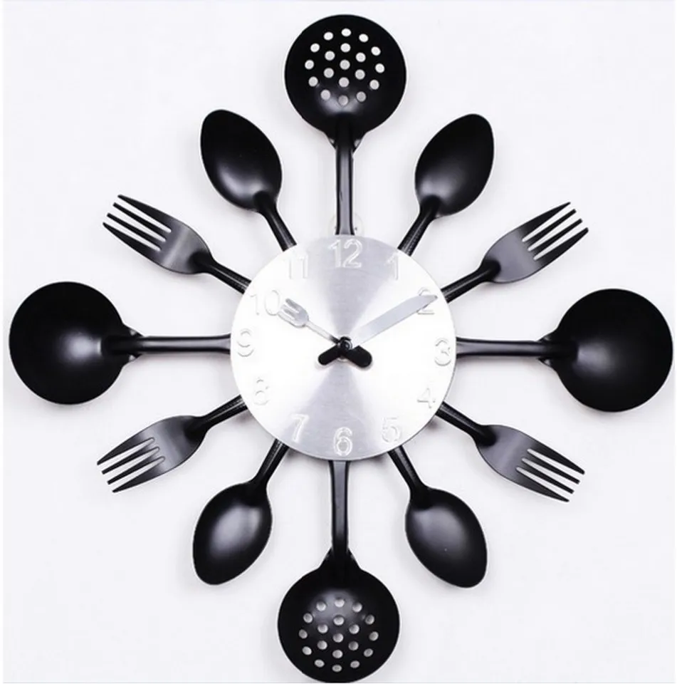 2016 promotion digital wall clock fork spoon kitchen the decor modern quartz metal mute sale rushed
