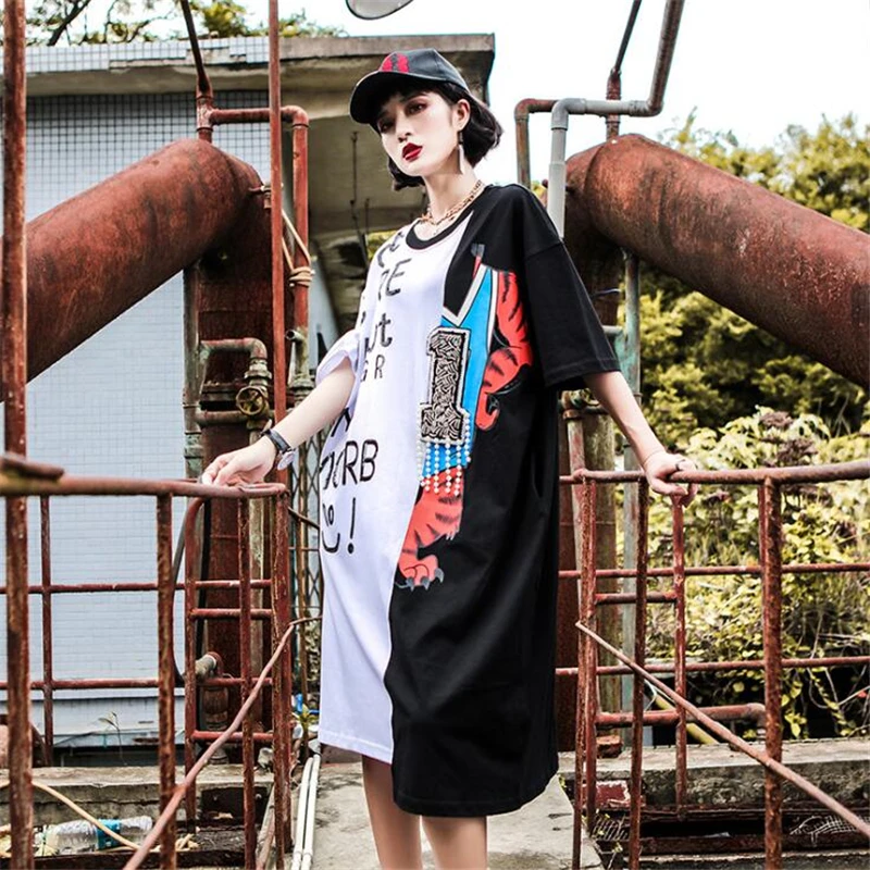 

2018 Europe America Trend Summer Dresses Women's Fashion Letter Sequin Beading Vestido Patchwork Casual Loose Asymmetry Dress