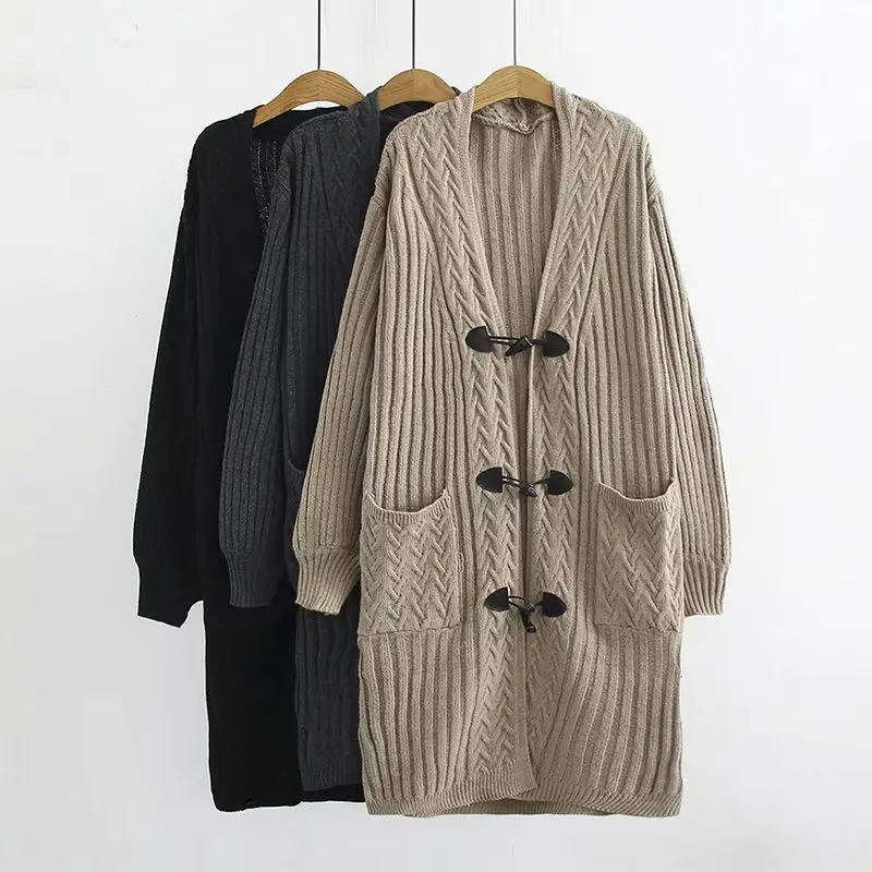 Black Más Tamaño blue Cardigan Señora Mujer Bolsillo Mujeres Giro Larga Otoño 2018 Punto Suéter Invierno Oversized khaki Delgado De Cardigans Botton qxwIHU