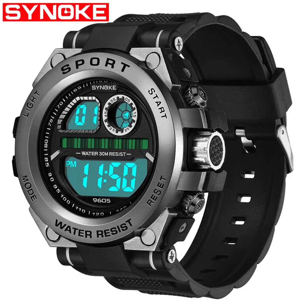 Новинка, цифровые часы SYNOKE, трендовые мужские анти-осенние спортивные часы с большим экраном, многофункциональные светящиеся электронные часы Relogio - Цвет: Черный