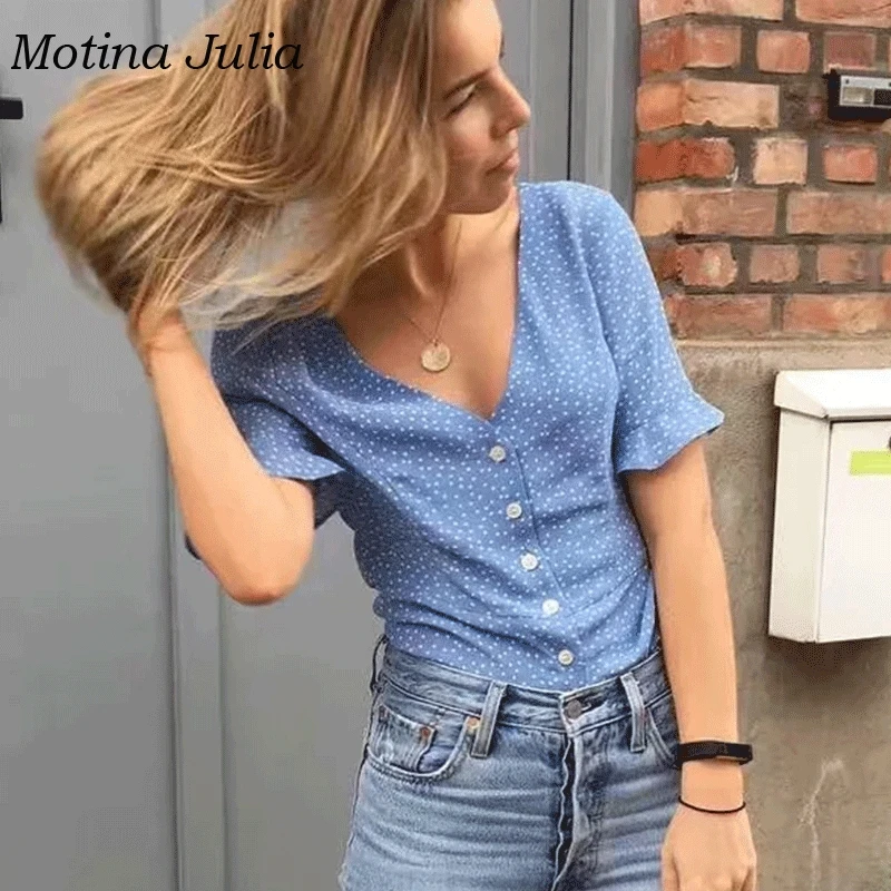 Женская блузка Motina Julia летняя в горошек на пуговицах спереди 2019| |