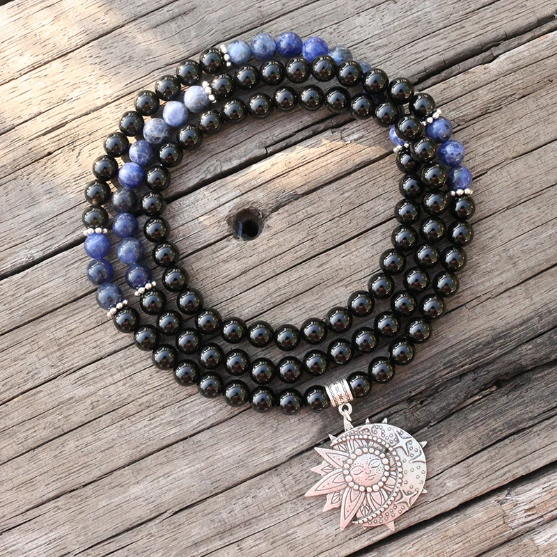 8mm Natural Stone Beads,Black Onyx,Sodalite,Sun And Moon,JapaMala Sets,Spiritual Jewelry,Meditation,Inspirational,108 Mala Beads