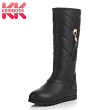 

KemeKiss Warm Women Flats Boots Round Toe Fringe Solid Color Fur Mid Calf Boots Winter Slip On Shoes Women Footwear Size 33-43